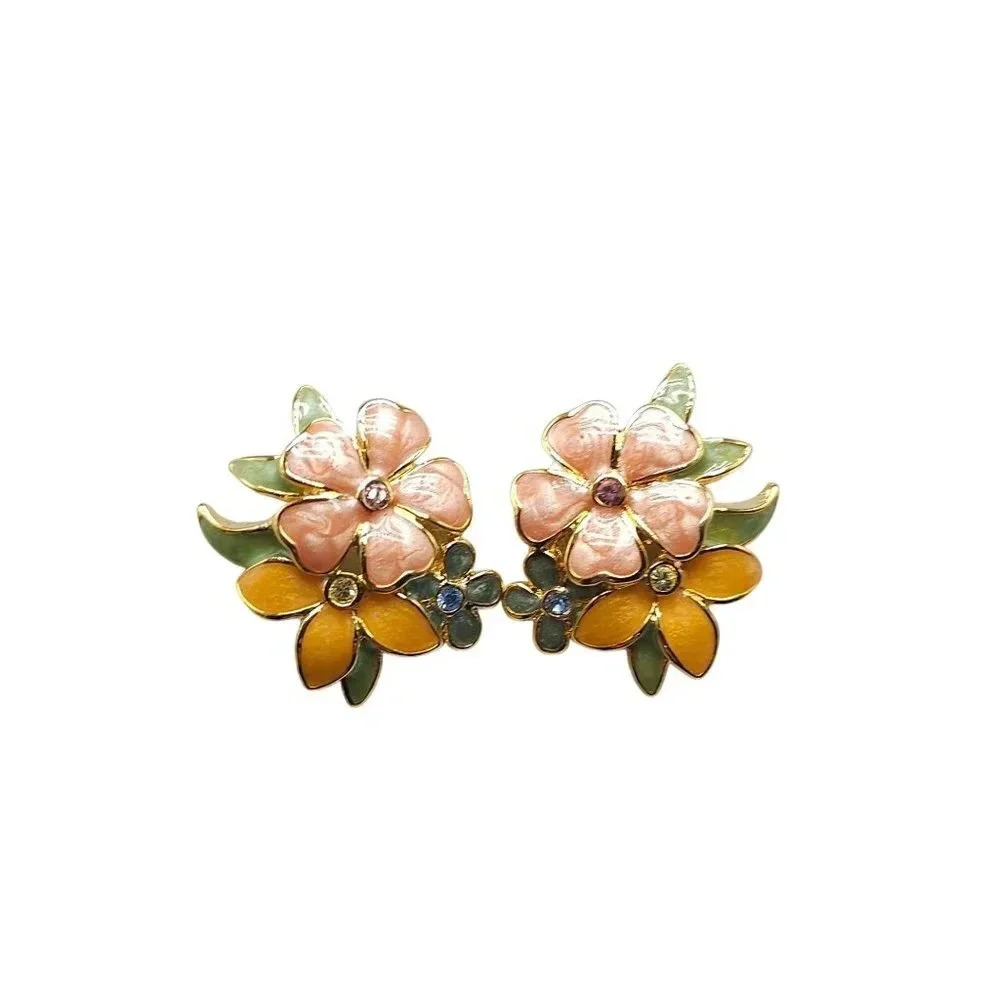Joan Enamel Flower Post Earrings Multicolor Petals Rhinestones SPRING FLING